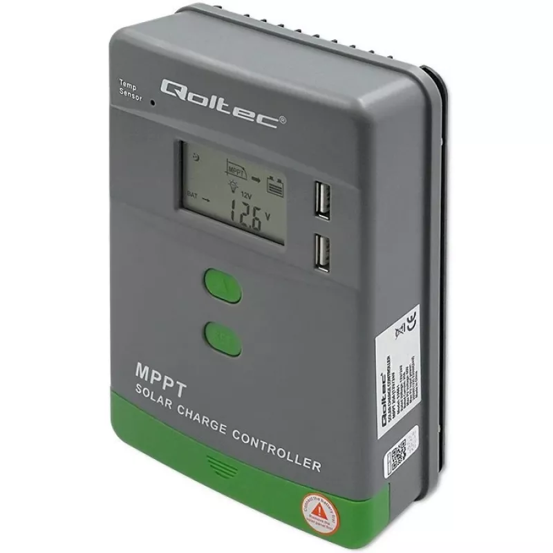 Qoltec saulės MPPT įkrovimo valdiklis su temperatūros jutikliu 20A 12V/24V LCD ekranas 2xUSB
