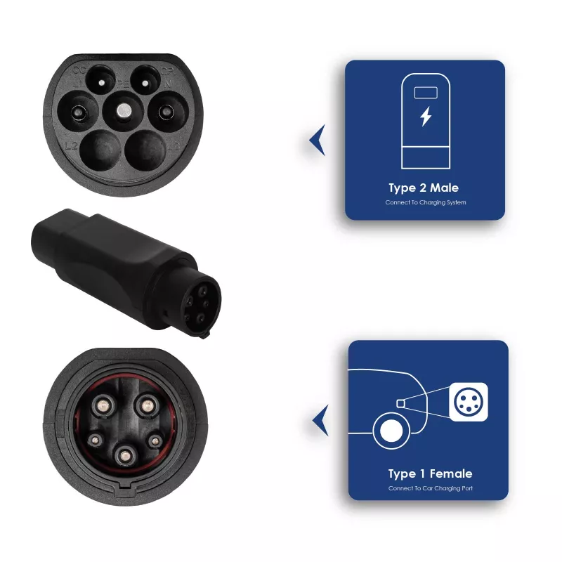 Akyga AK-SC-E08 elektromobilio įkrovimo adapteris Type 2 (lizdas) – Type 1 (kištukas), 32 A, 8 kW, IP55, juodas