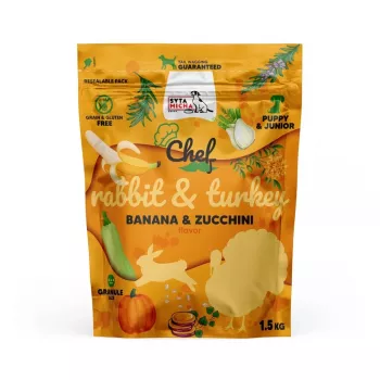 Sausas šunų ėdalas SYTA MICHA Chef triušis su kalakutu junior 1,5 kg — granules šuniukams, 28% baltymų, 14% riebalų