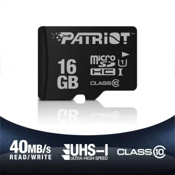 PATRIOT PSF16GMDC10 microSDHC atminties kortelė — 16 GB, Class 10, UHS-I (U1), 80 MB/s, juoda