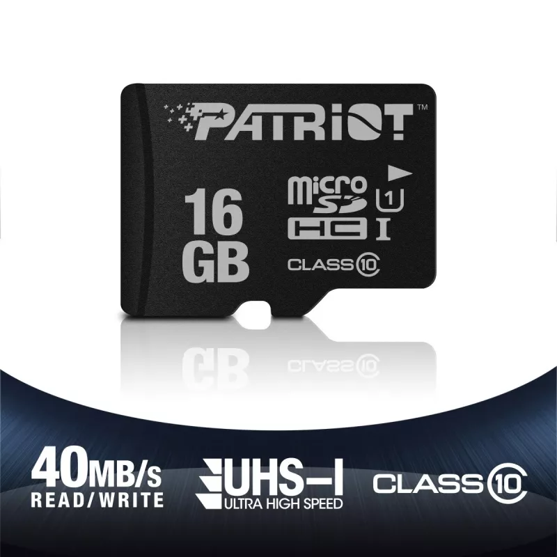 PATRIOT PSF16GMDC10 microSDHC atminties kortelė — 16 GB, Class 10, UHS-I (U1), 80 MB/s, juoda