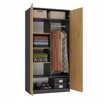 Spinta drabužių spinta Top e shop SD-90 ANT/ART KPL — 2 durų, 7 lentynų, 900×500×1800 mm