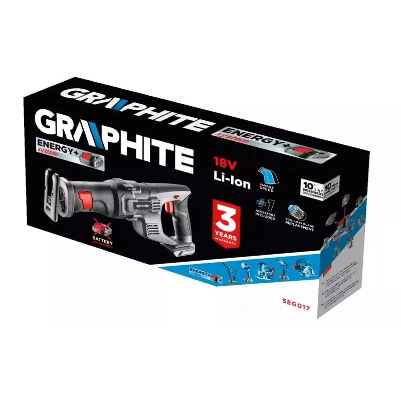 Graphite belaidis pjūklas su kardiniu peiliu Energy+ 18V, Li-Ion, be akumuliatoriaus