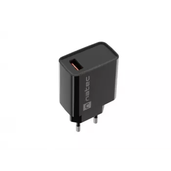 NATEC AC greitasis laidinis sieninis įkroviklis Ribera — 18 W (5–15 V, iki 3 A), 1× USB-A, Huawei FCP/SCP, juodas