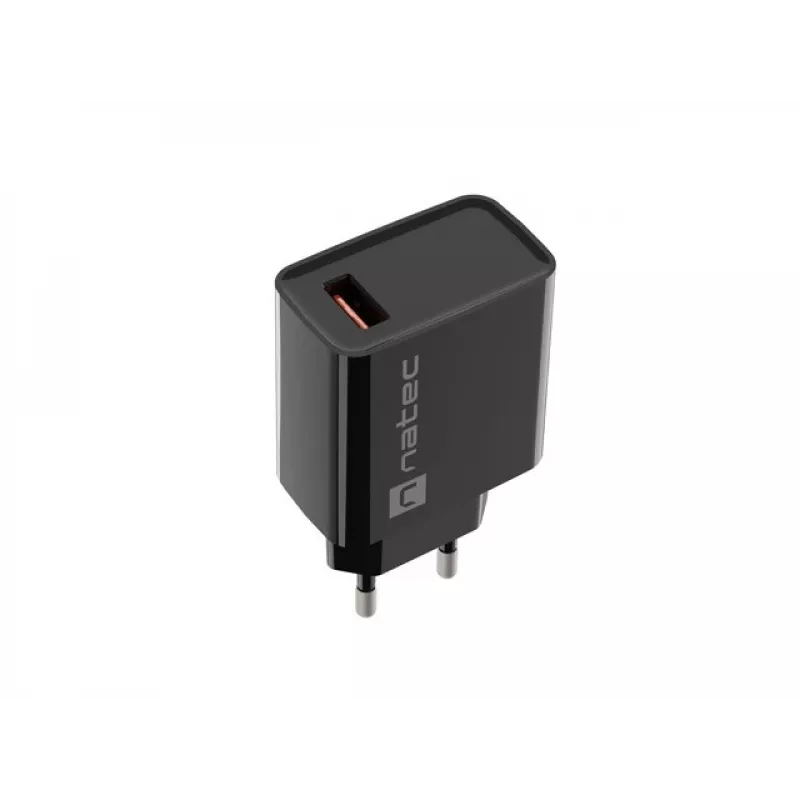 NATEC AC greitasis laidinis sieninis įkroviklis Ribera — 18 W (5–15 V, iki 3 A), 1× USB-A, Huawei FCP/SCP, juodas