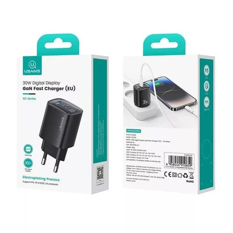 USB ir USB-C 30W GaN greitasis įkroviklis usams CC229 Baltas – LED indikatorius, kompaktiškas dizainas