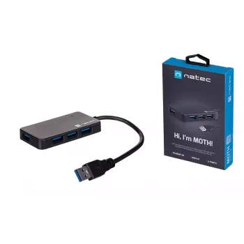 USB šakotuvas NATEC Moth 4 prievadų USB 3.2 Gen 1 Type-A (5000 Mbit/s), maitinamas per USB, juodas, 0,15 m laidas