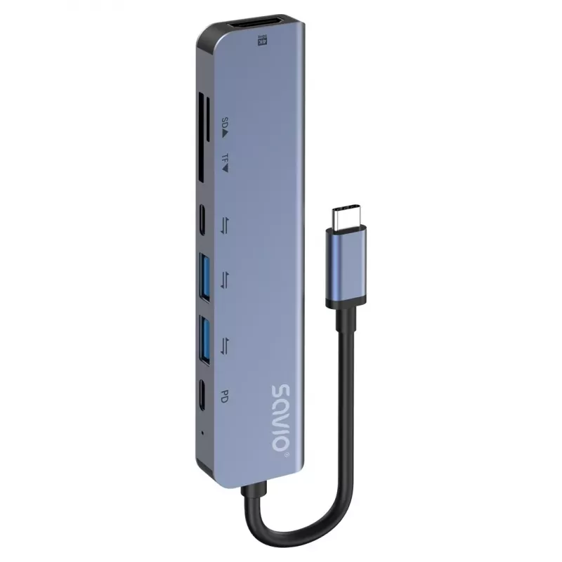 USB Type-C stotelė SAVIO AK-82 su HDMI, MicroSD, USB 3.2 Gen1, PD, 4K@30Hz, 5000 Mbit/s, juoda