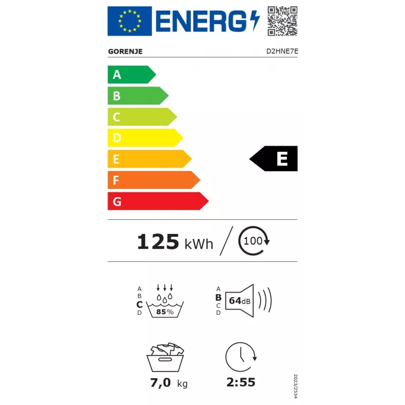 Gorenje D2HNE7E Džiovinimo mašina | Energijos klasė E | Priekinis pakrovimas | 7 kg | Šilumos siurblys | LED | Gylis 51 cm | Balta