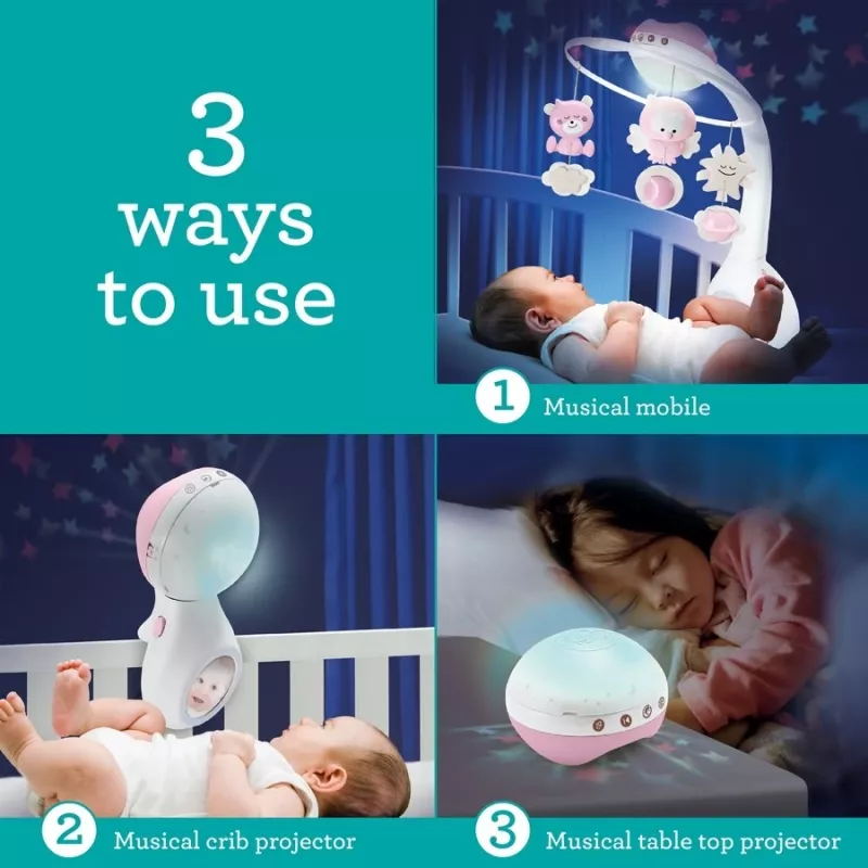 Muzikinė dėžutė kūdikiams B-kids 3in1 Infantino 150302050 — pudros rožinė, 3 viename raminantis žaislas