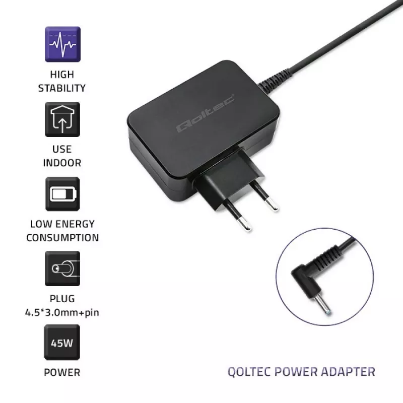 Maitinimo adapteris nešiojamam kompiuteriui QOLTEC 51033, 45 W, 19,5 V, 2,31 A, 220–240 V, vidaus, juodas, 1,7 m laidas