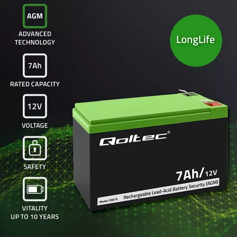 Qoltec 53076 AGM baterija | 12V | 7Ah | Apsaugos sistemoms
