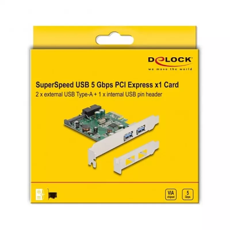 DeLOCK PCI Express x1 kortelė su 2 x USB 3.2 Gen 1 Type-A ir 1 x vidine 19 kontaktų jungtimi