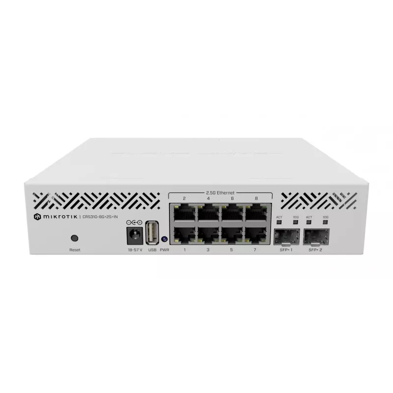 Valdomas L3 jungiklis MikroTik CRS310-8G+2S+IN — 8× 2.5G RJ-45, 2× SFP+, PoE, 1U stovo montavimui, baltas