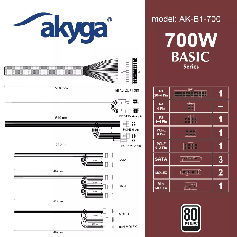 Akyga AK-B1-700 Basic 700 W ATX maitinimo blokas, pasyvusis PFC, 120 mm ventiliatorius, pilkas