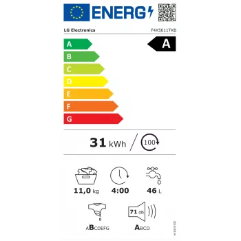 LG Skalbimo mašina F4X5011TKB, A, priekinis pakrovimas, 11 kg, gylis 56,5 cm, 1400 aps./min., LED, balta