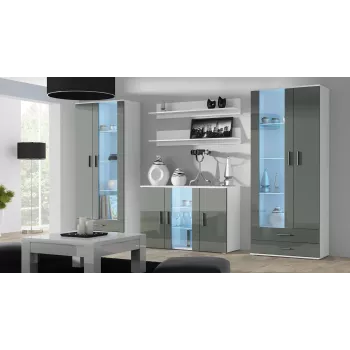 Sideboard Cama Meble SOHO S7, 120 cm, baltas/pilko blizgesio, 3 durys, 4 lentynos