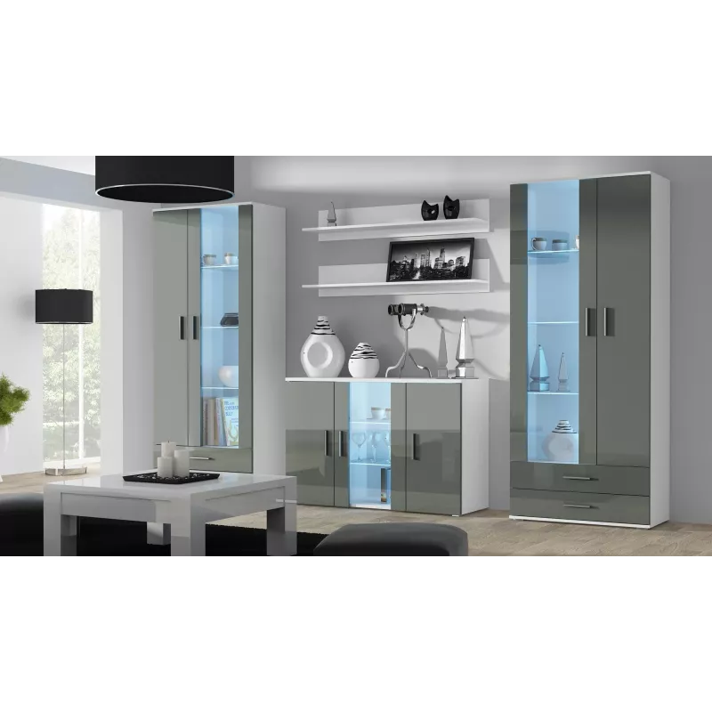 Sideboard Cama Meble SOHO S7, 120 cm, baltas/pilko blizgesio, 3 durys, 4 lentynos