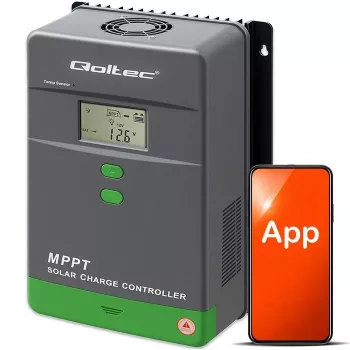 MPPT saulės įkrovos valdiklis QOLTEC 80A su temperatūros jutikliu, 12/24/36/48V, LCD, Bluetooth, APP, GEL/LiFePO4