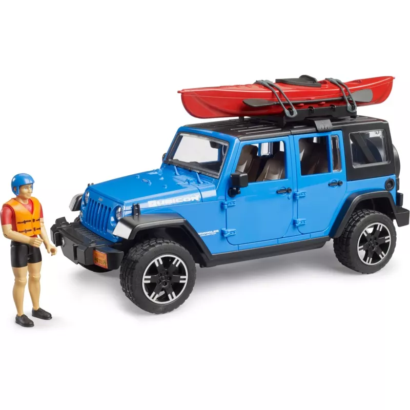 Žaislinis modelis BRUDER Jeep Wrangler Rubicon Unlimited su baidare ir figūrėle BR-02529