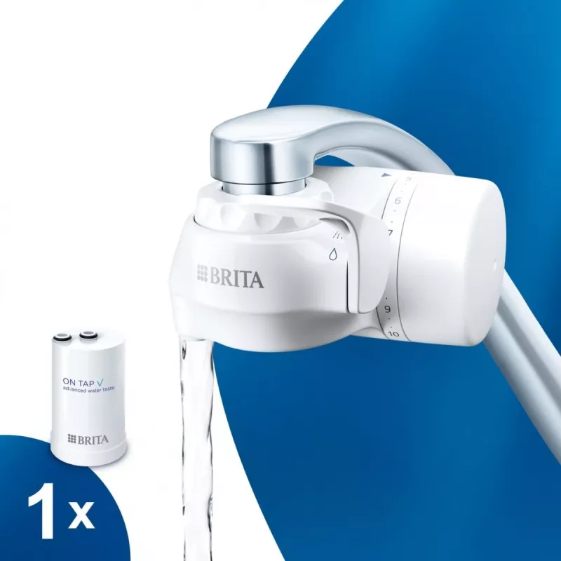 Vandens filtro ant čiaupo BRITA ON TAP V CU CE2 (1052067) — 4 pakopų, 600 l talpa, 3 režimai, 5 adapteriai, balta