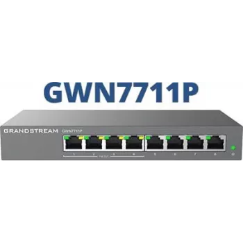 Valdomas L2 Gigabit PoE tinklo jungiklis Grandstream GWN7711P — 8x RJ-45 10/100/1000, 48V DC, stalinis/sieninis