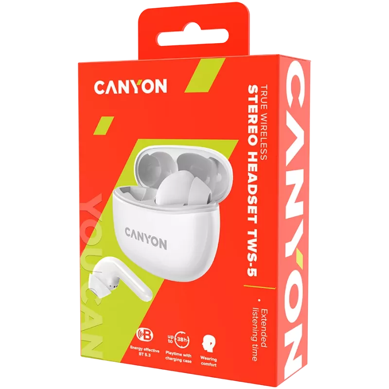 Canyon TWS-5 belaidės ausinės su mikrofonu, BT 5.3, 20Hz-20kHz, 40mAh*2+500mAh, USB-C