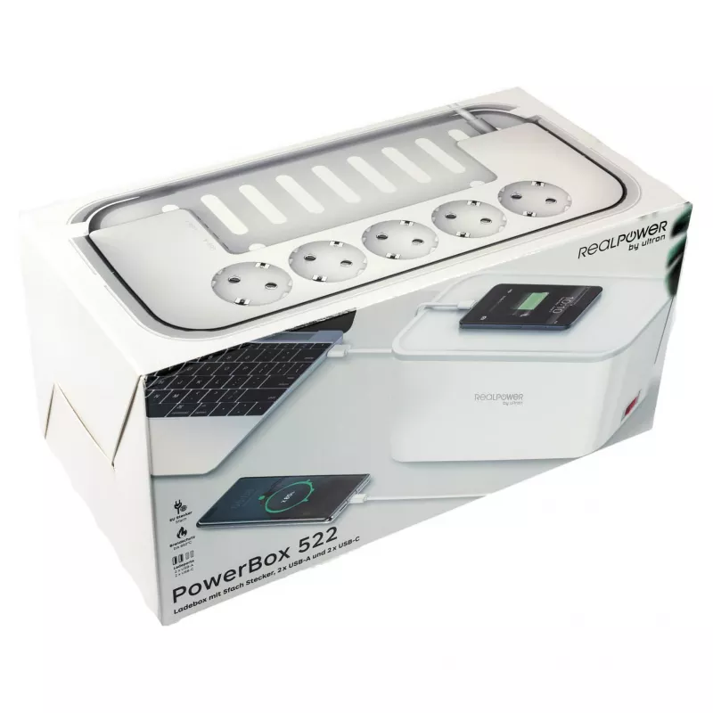 Prailginimo laidas RealPower PowerBox 522 1,5 m 5 AC lizdai Baltas