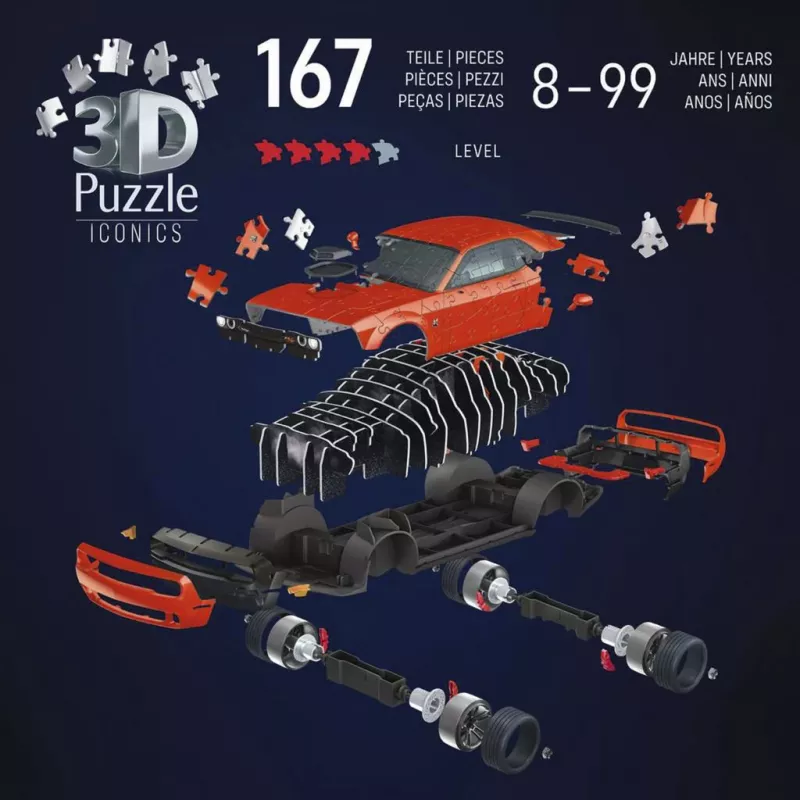 3D dėlionė Ravensburger Dodge Challenger R/T Scat Pack Widebody – Iconics serija, modelio replika