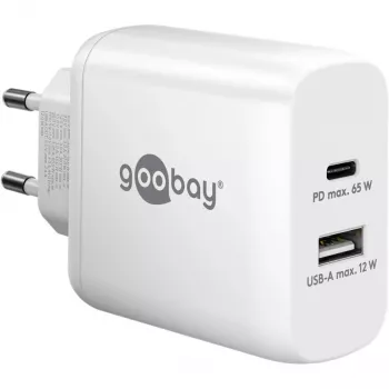 USB-C dviejų prievadų greitasis įkroviklis, PD, GaN, 65 W (baltas, 1x USB-C, 1x USB-A, Power Delivery)