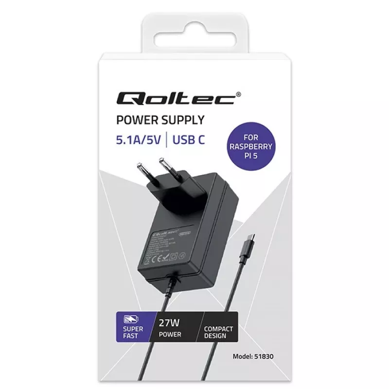 QOLTEC Super FAST PD įkroviklis, skirtas Raspberry Pi 5 USB