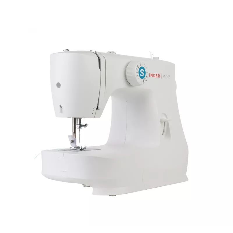 Pusiau automatinė siuvimo mašina SINGER M2105 – 8 siūlių raštai, 4 žingsnių saga, laisva rankovė, elektrinė, balta
