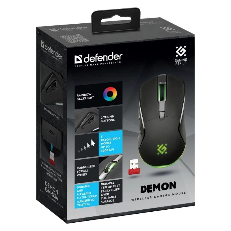 Belaidė žaidimų pelė DEFENDER Demon GM-534 RF, ambidekstrinė, 3200 DPI, 5 mygtukai, 2,4 GHz USB-A nano imtuvas