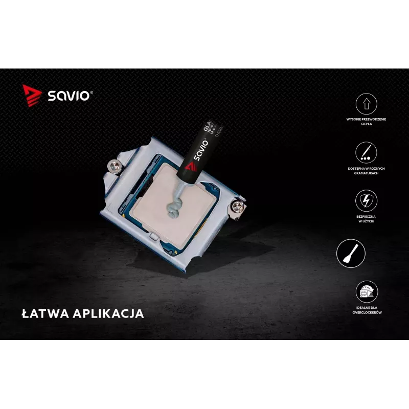 Šiluminė pasta SAVIO TG-03 1 g – 13,5 W/m·K, pilka, su aplikatoriumi ir mentele