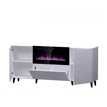Komoda su elektriniu židiniu Cama Meble PAFOS, 180x42x82 cm, balta matinė, 1400–1600 W, be rankenų, 3 durys, 2 lentynos