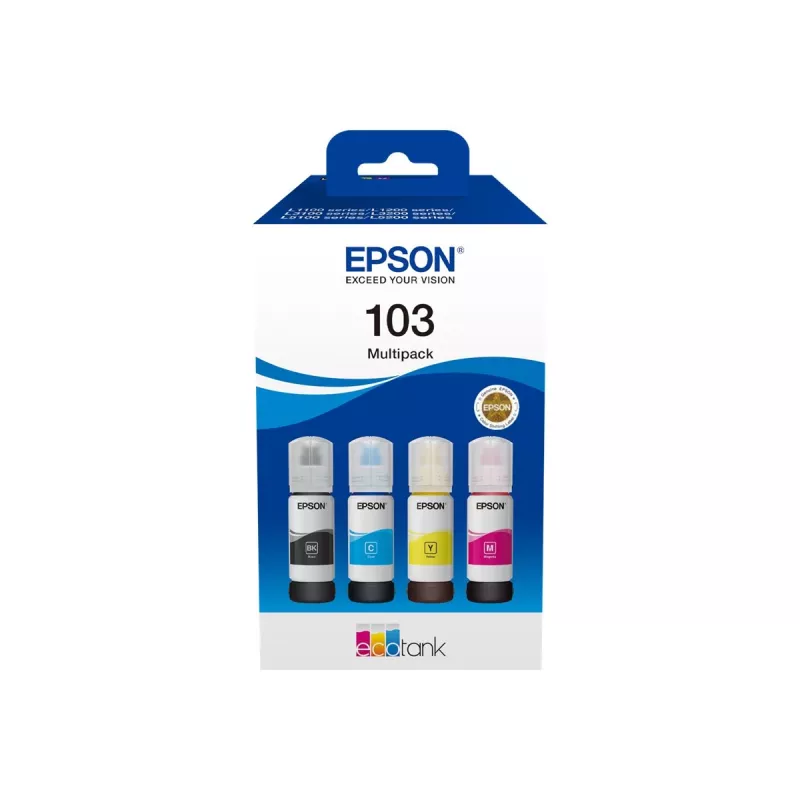 Originalių Epson EcoTank 103 rašalų pakuotė – 4 spalvų rinkinys (Juoda, Cyan, Magenta, Geltona), Juoda 4500 p., Spalvota 7500 p.