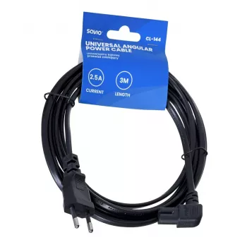 Maitinimo laidas SAVIO CL-144, 3 m, kampuotas 2 kontaktų C7 kištukas į IEC E tipo lizdą, juodas