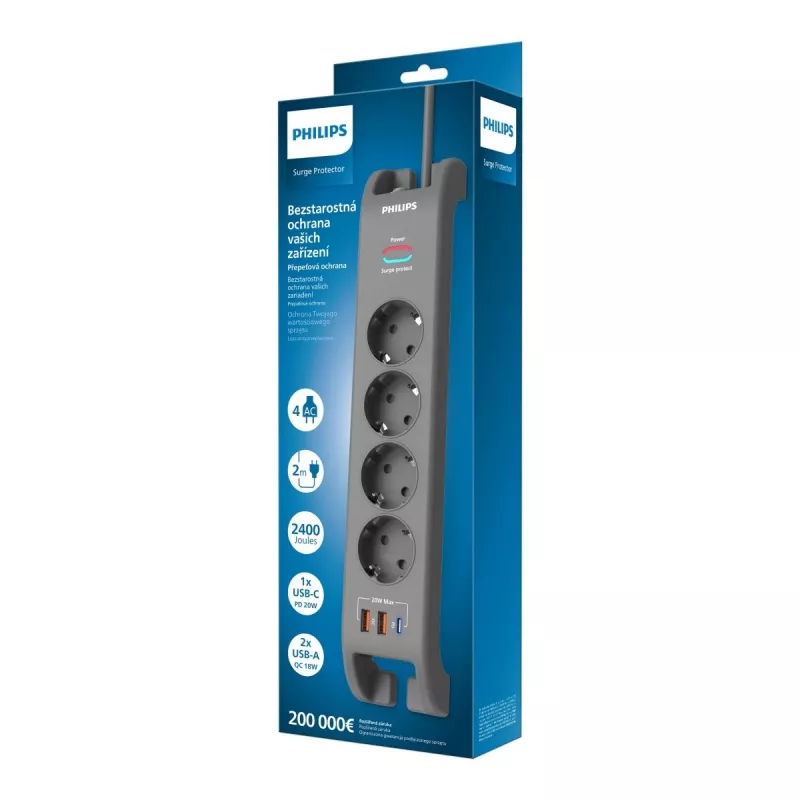 Philips 4 lizdų apsauginis nuo viršįtampių ilgintuvas su 2 m laidu (JAV kištukai)