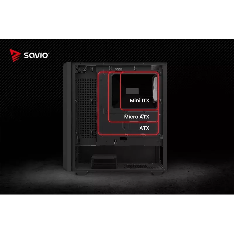PC korpusas SAVIO Noctis Glass RGB — Juodas, ATX/Micro-ATX, 210×410×450 mm, 3×120 mm priekiniai ventiliatoriai