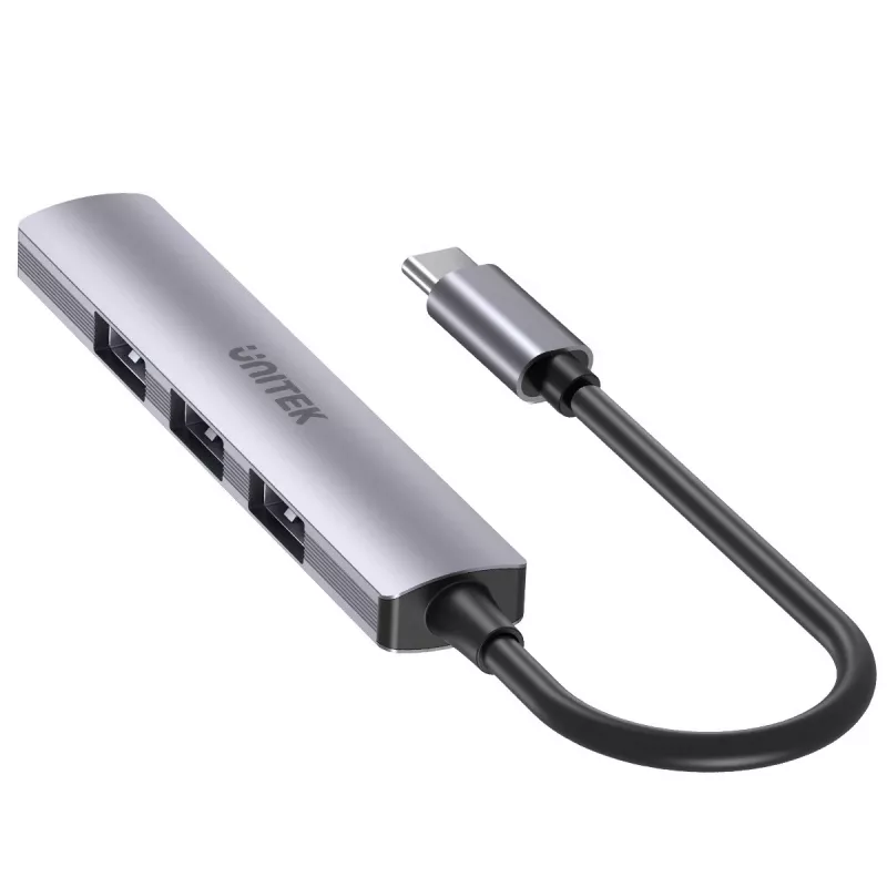 USB-C stotelė Unitek H1208B – 1x USB-A 5 Gbps, 3x USB-A 2.0, USB-C jungtis, aliumininis korpusas, 0,20 m laidas