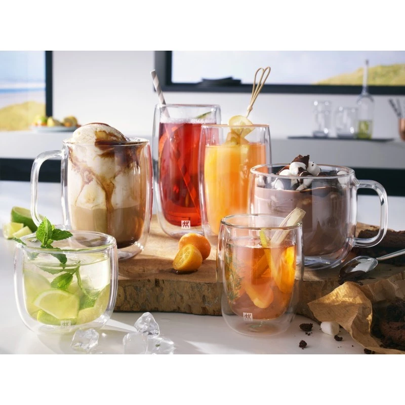 Stikliniai kavos puodeliai ZWILLING 39500-112-0 dvigubos sienelės 335 ml, 2 vnt., ovalūs, karščiui atsparūs, su rankenomis