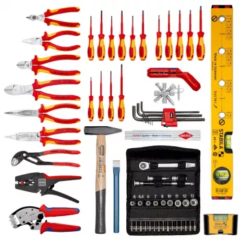 Mechaniko įrankių rinkinys Knipex 00 21 06 – 68 įrankiai, su adatinėmis ir vandentiekio replėmis, raudonai geltoni įrankiai, juodas dėklas (515×438×265 mm)