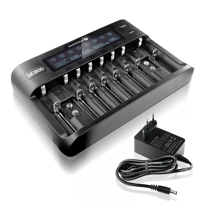 Įkroviklis everActive UC-800 AC 12V 3A – LiFePO4/LiPo/NiMH, AA/AAA/9V, iki 10 baterijų, 12 V įėjimas, ekranas, juodas