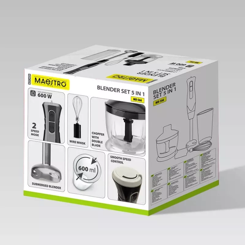 Panardintuvas Maestro MR-566, 500 W, 2 greičiai, turbo, plaktuvas, smulkintuvas 600 ml, laikymo indas 900 ml, nerūdijantis plienas