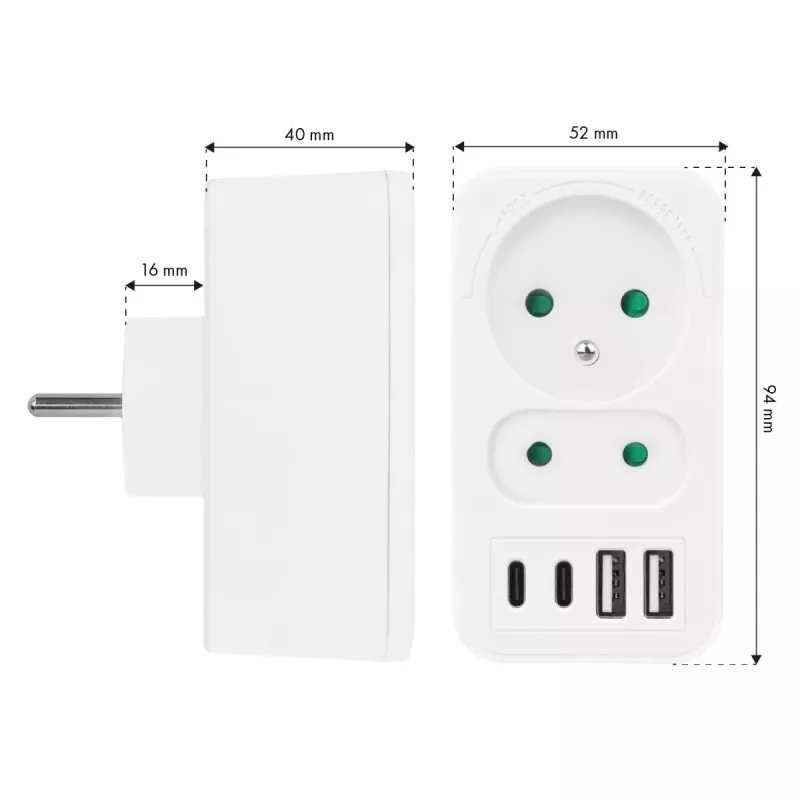 Maitinimo skirstytuvas MACLEAN MCE249 F/W – 2 kištukiniai lizdai (16A + 6A) ir 4 USB (2x A, 2x C PD 20W)