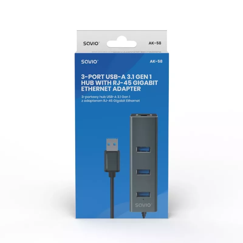 SAVIO USB-A stotelė su RJ-45 Gigabit Ethernet AK-57 — 3× USB-A + RJ-45, USB 3.2 Gen 1 Micro‑B pagrindinis, 5 Gbit/s, 4 prievadai, pilka