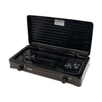 Mpm Kn-02/1kb nešiojama dujinė viryklė Camping 2 degikliai emaliuotos grotelės apsauginis dangtis standartas G30-37 Mbar juoda