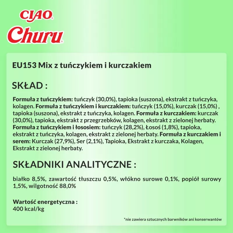 Šlapi skanėstai katėms INABA Churu įvairūs – Vištiena ir Tunas, 50 x 14 g pastos tūbelės, be grūdų, be glitimo ir be cukraus