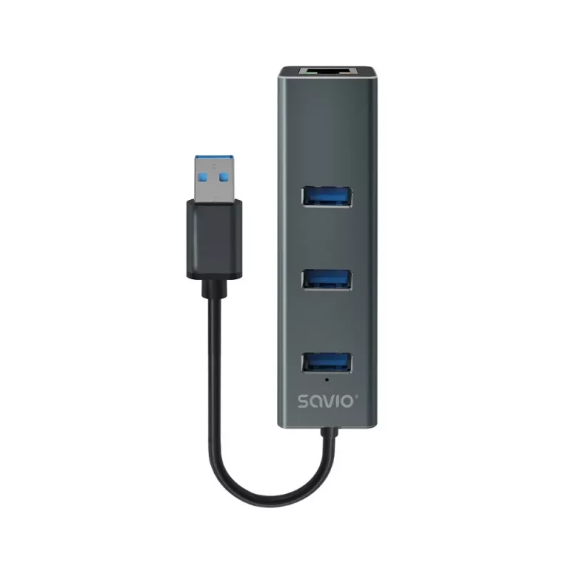 SAVIO USB-A stotelė su RJ-45 Gigabit Ethernet AK-57 — 3× USB-A + RJ-45, USB 3.2 Gen 1 Micro‑B pagrindinis, 5 Gbit/s, 4 prievadai, pilka