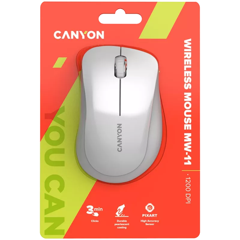 Belaidė pelė CANYON MW-11, 2.4 GHz, 3 mygtukai, DPI 1200, perlinė balta/pilka